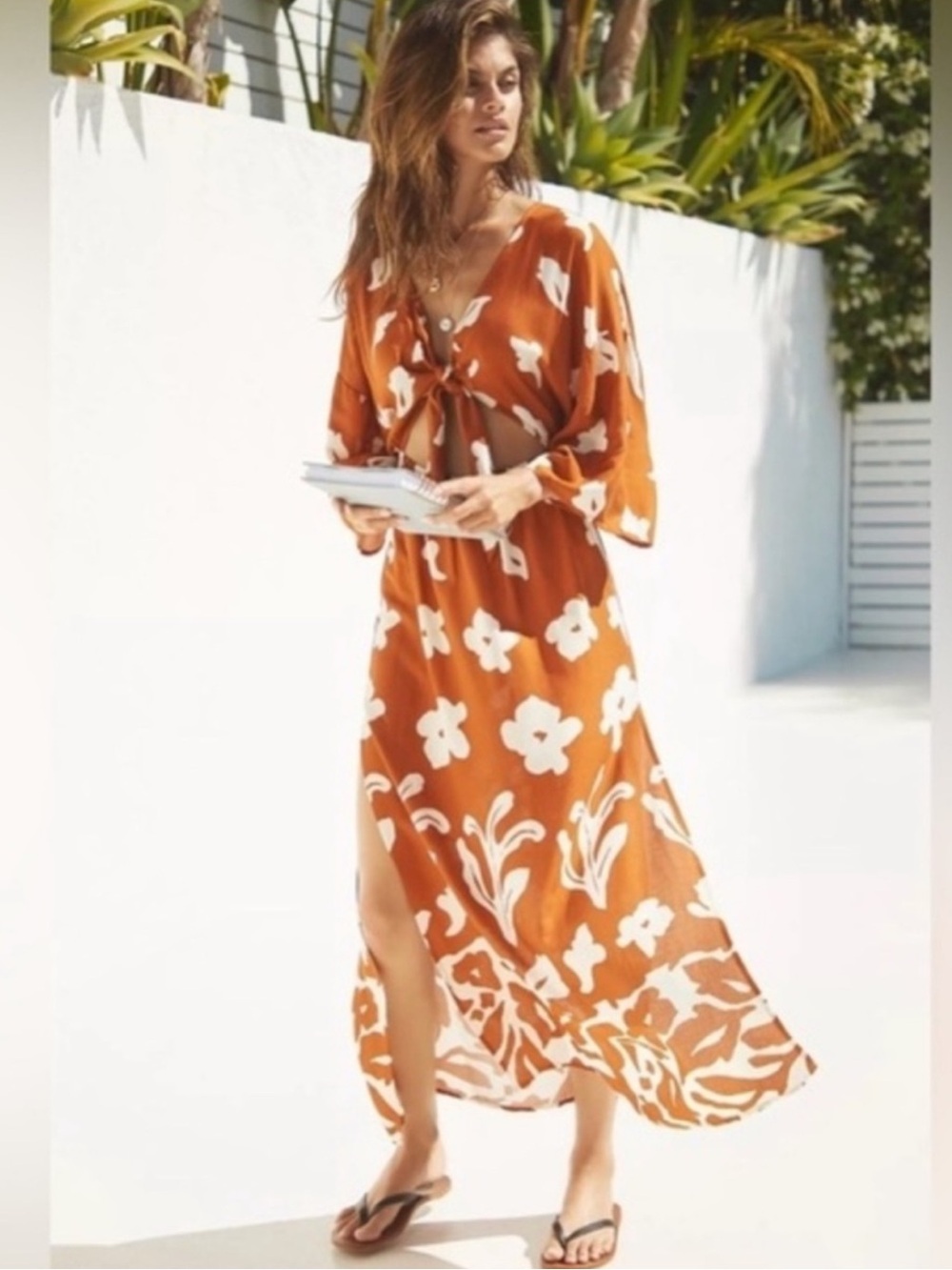 Anthropologie Rust Orange Floral Tie-Front Maxi Dress